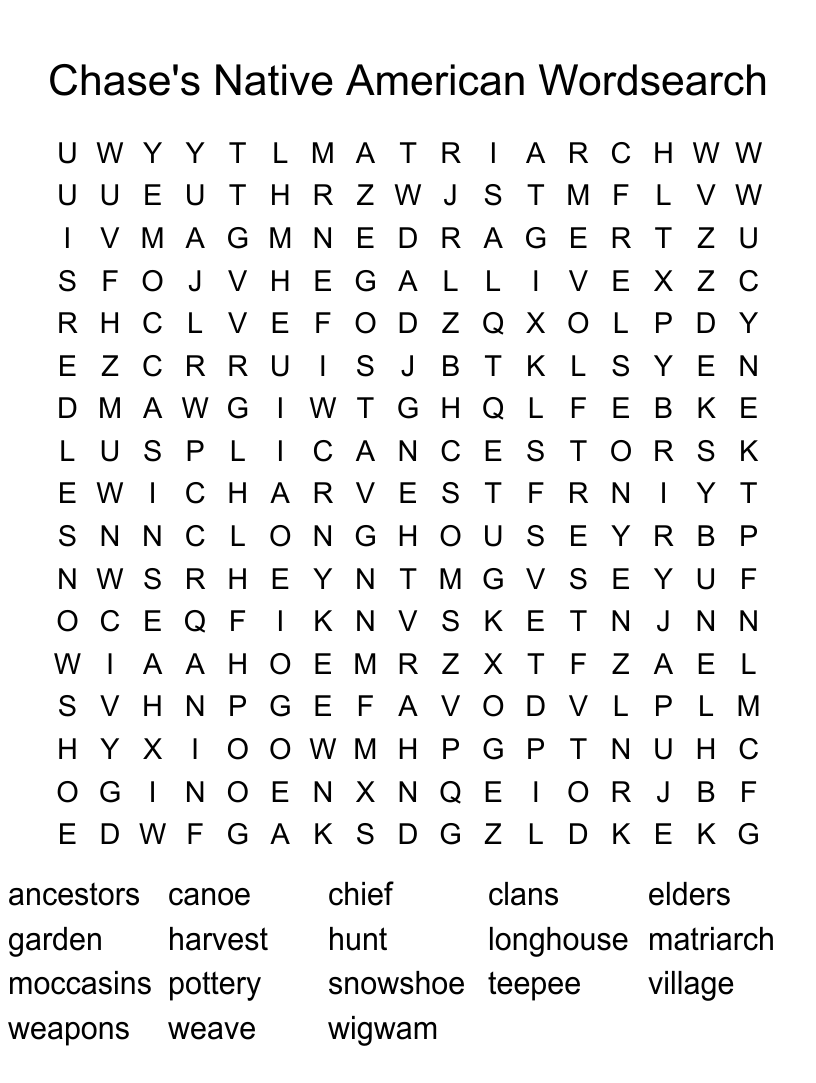 Chases native american wordsearch