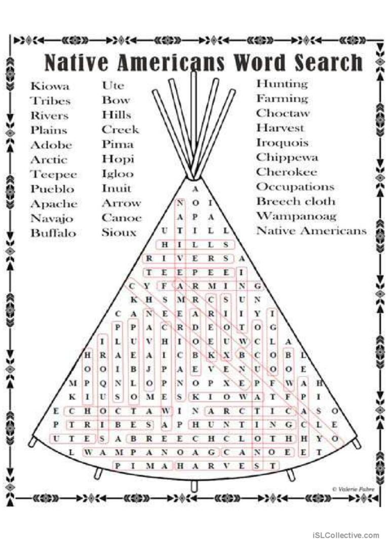 Native americans word search puzzleâ glish esl worksheets pdf doc