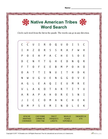 Native american heritiage month tribes word search activity
