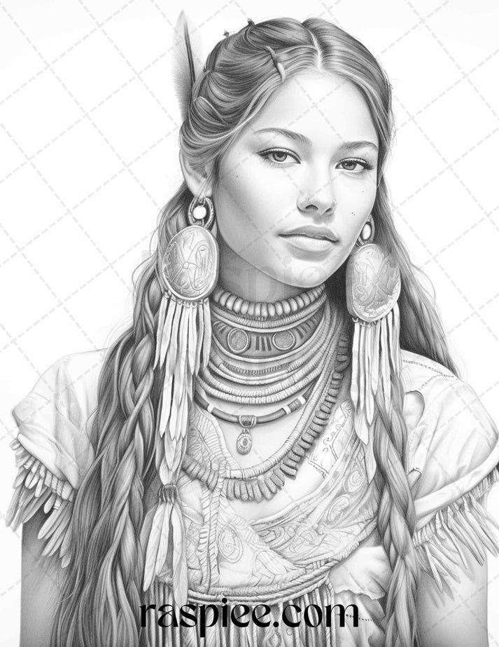 Native american portrait grayscale coloring pages printable for adults native american drawing american indian twork portrait