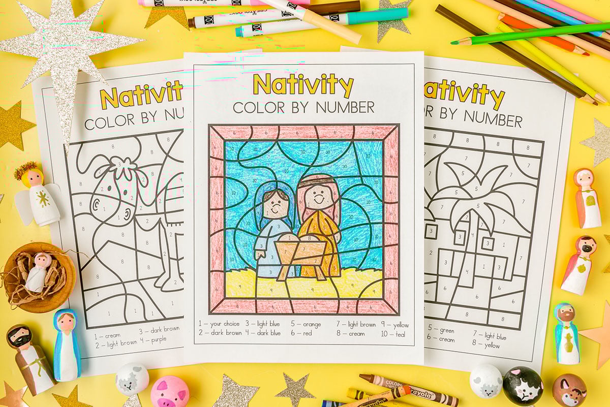 Nativity color by number free printables