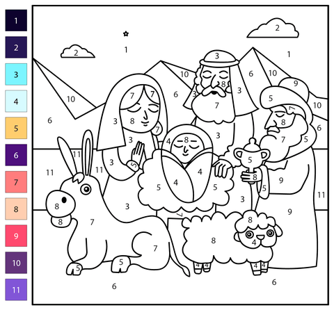 Nativity scene color by number coloring page free printable coloring pages
