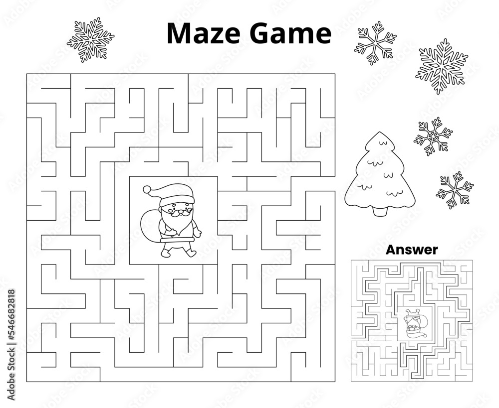 Christmas maze game winter coloring page help the santa find right way to christmas tree printable activity worksheet escape labyrinth puzzle vector illustration vector