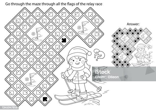 Maze or labyrinth game puzzle coloring page outline of cartoon girl skiing winter sports coloring book for kids stock illustration