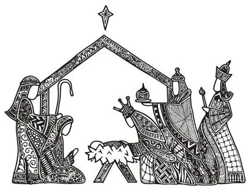 Art therapy coloring page wise men nativity scene
