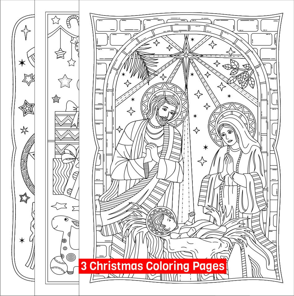Christmas coloring pages yuletide gifts toys lantern drawings nativity scene holy family digital download download now