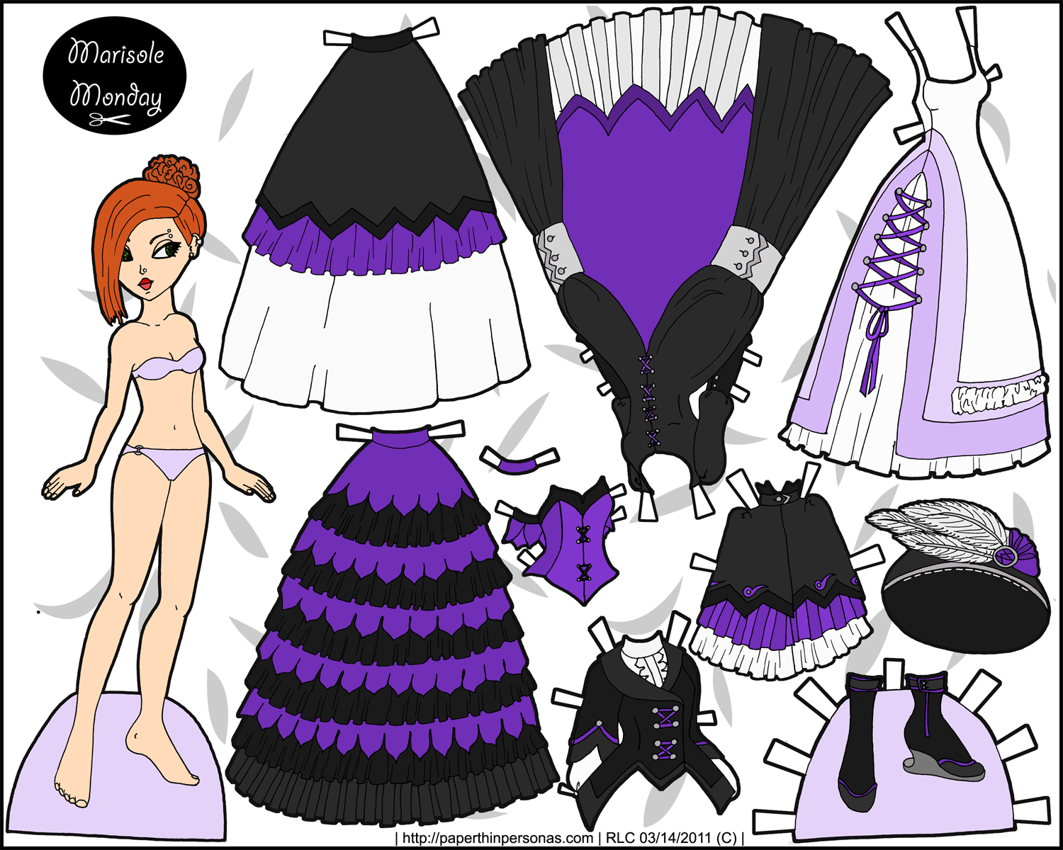 Fantasy printable paper doll set in black purple
