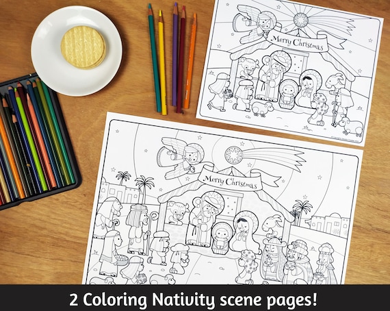 Nativity scene holiday coloring page coloring sheet printable activity for kids paper craft instant download diy christmas craft