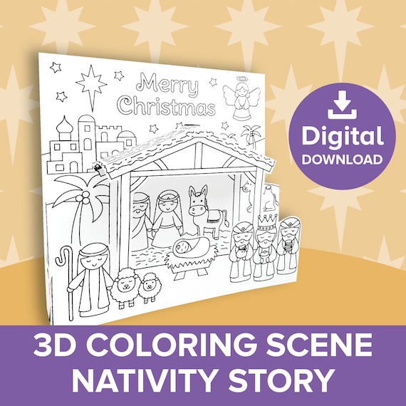 Christmas nativity d coloring scene kids colour build freestanding layered picture jesus story craft stable printable artwork activity instant download