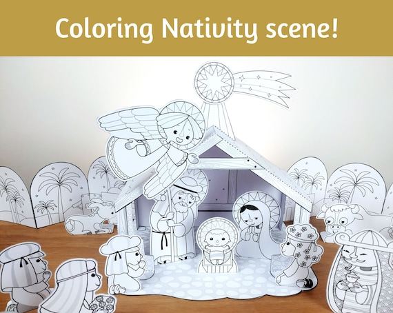 Nativity scene coloring printable paper model paper set paper craft paper toy instant download diy christmas craft decoration