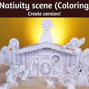 Nativity scene creole coloring printable paper model paper craft paper toy instant download diy christmas craft decoration