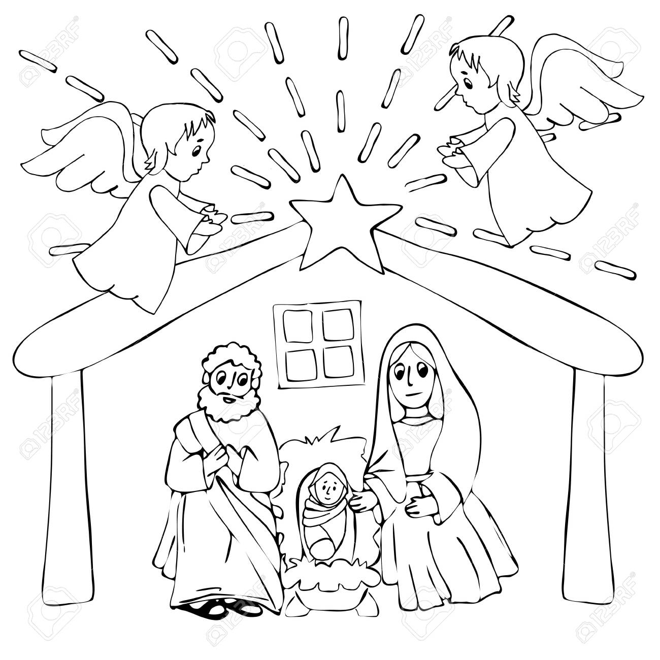 Hand drawn coloring pages for kids and adult a christmas nativity scene coloring cartoon with baby jesus mary and joseph in the manger and star above christian religious illustration royalty free svg