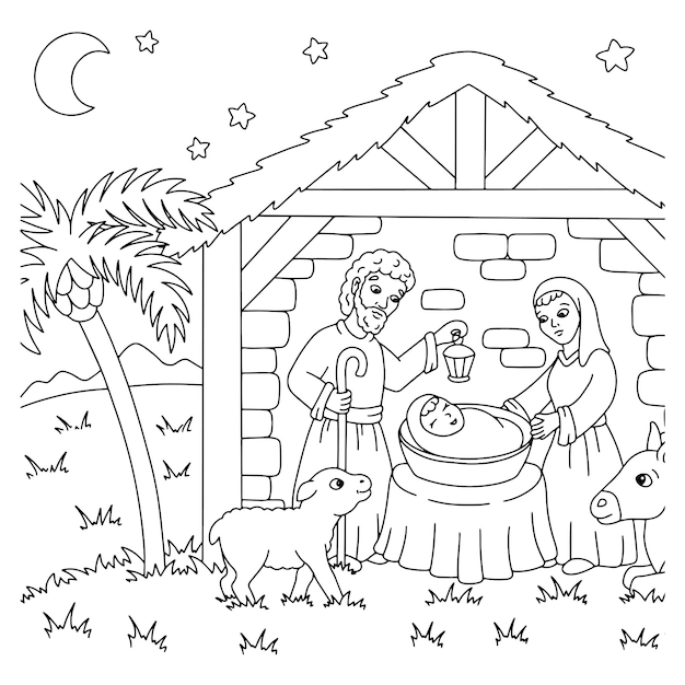 Premium vector nativity scene coloring book page for kids cartoon style character