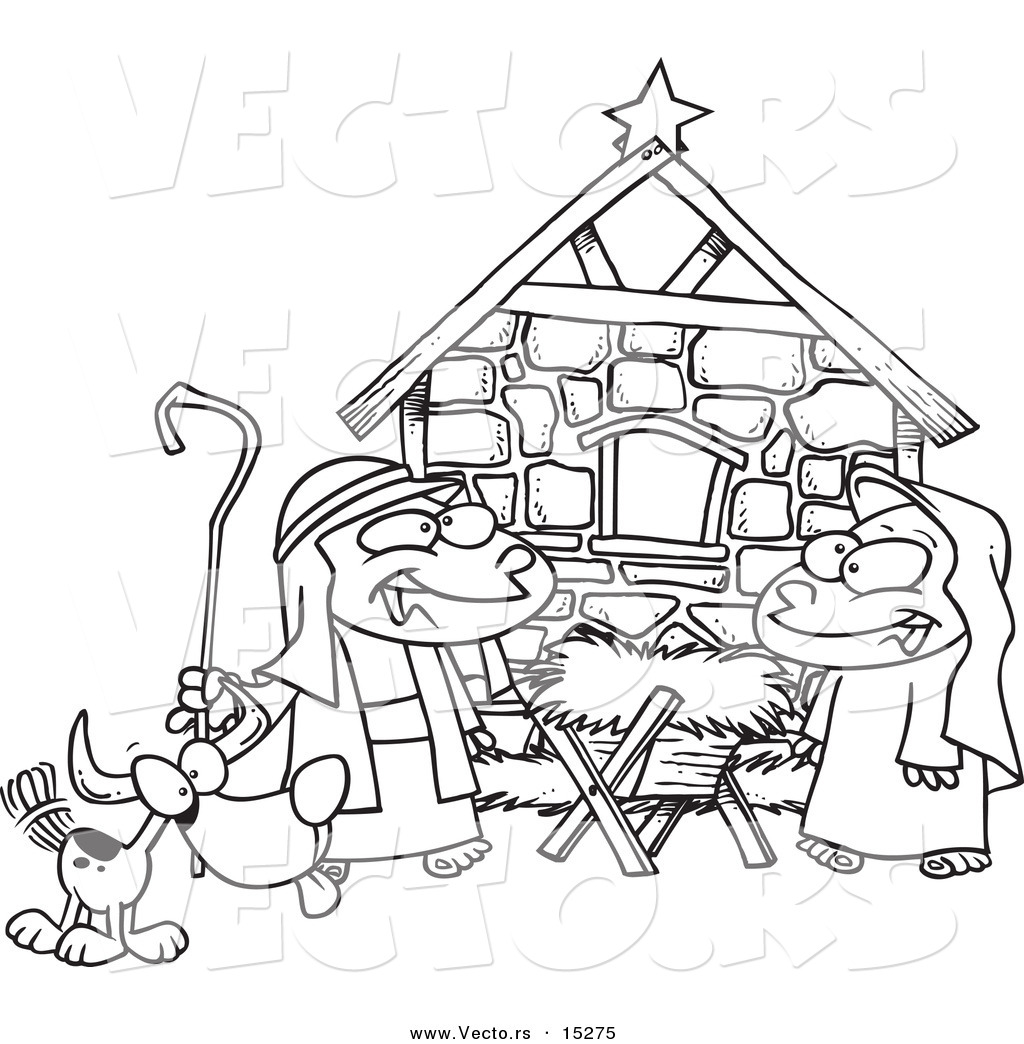 R of a cartoon cartoon black and white outline design of children acting out a nativity scene