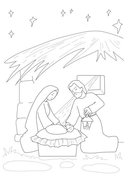 A christmas nativity scene coloring cartoon with baby jesus mary and joseph in the manger and star above christian religious coloring pages stock illustration