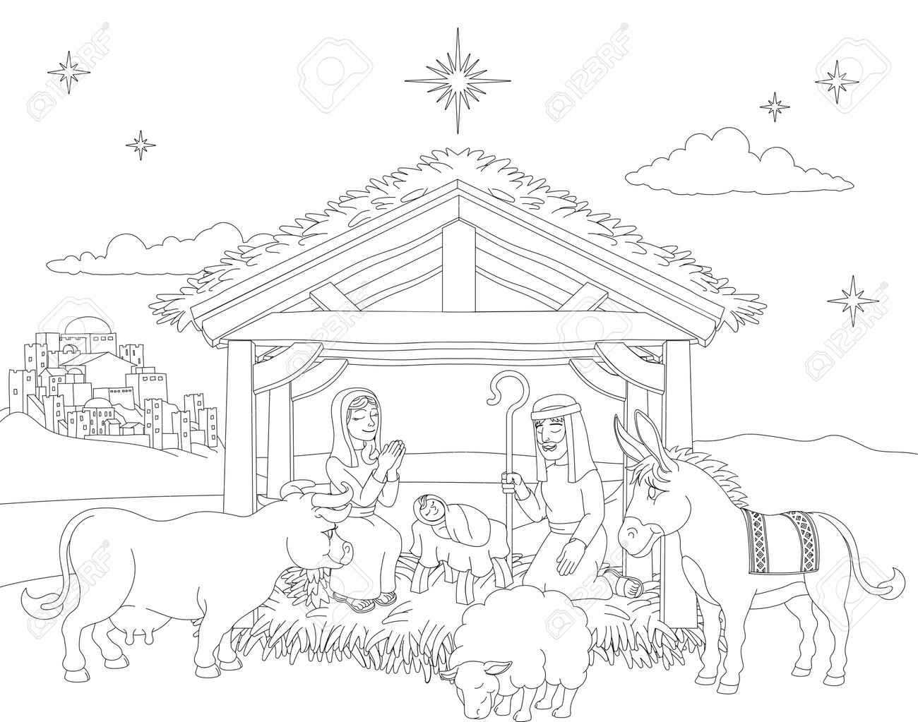 A christmas nativity coloring scene cartoon with baby jesus mary and joseph in the manger with donkey and other animals the city of bethlehem and star above christian religious illustration royalty free