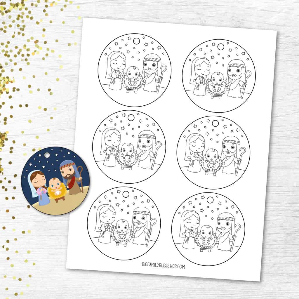 Printable nativity gift tag or ornament coloring sheet