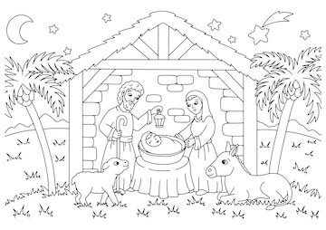 Premium vector nativity scene coloring book page for kids