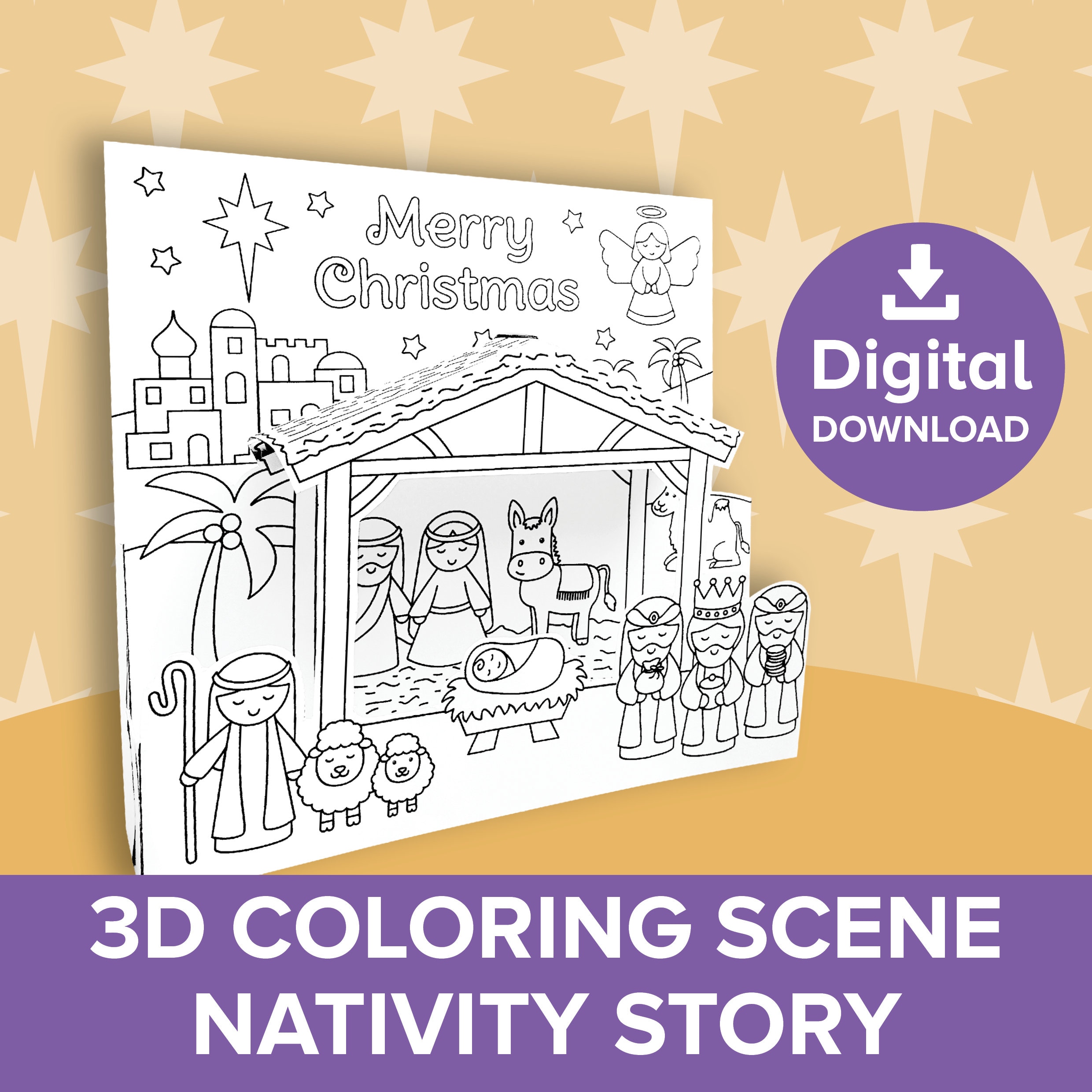 Christmas nativity d coloring scene kids colour build freestanding layered picture jesus story craft stable printable artwork activity instant download