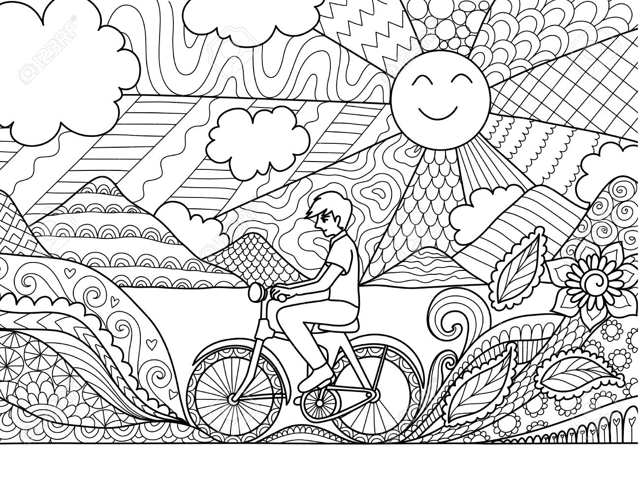 Young man riding bicycle happily in beautiful nature for adult coloring book page and other design element vector illustration royalty free svg cliparts vectors and stock illustration image