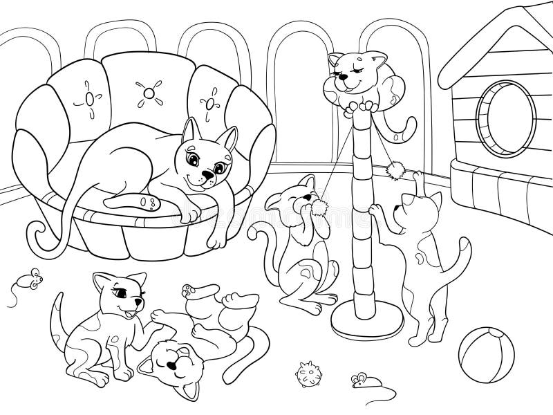 Childrens coloring book cartoon family on nature mom cat and kittens children stock illustration
