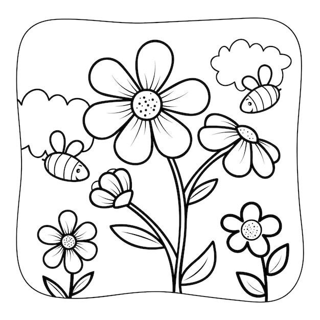 Premium vector flower and bees black and white coloring book or coloring page for kids nature background