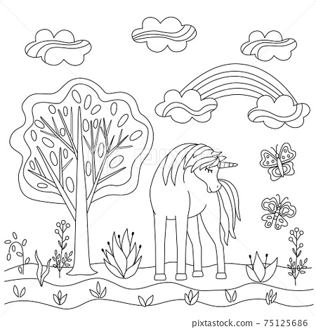 Cute simple kids coloring book with unicorn