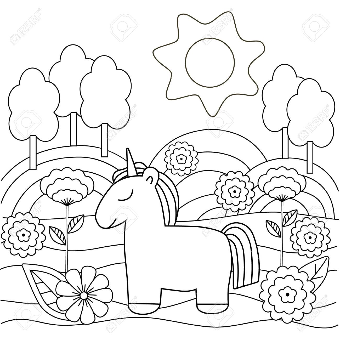 Cute simple kids coloring book with unicorn nature and flowers outline on a white background vector illustration royalty free svg cliparts vectors and stock illustration image