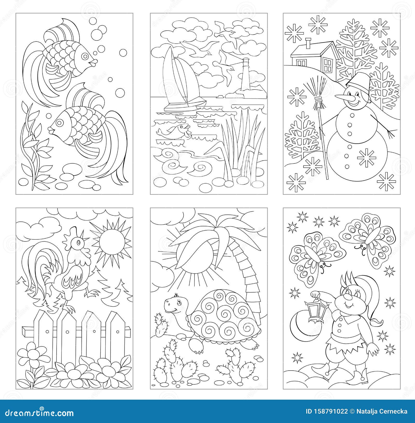 Set of black and white pages for baby coloring book drawings of nature animals and fairy tales views stock vector