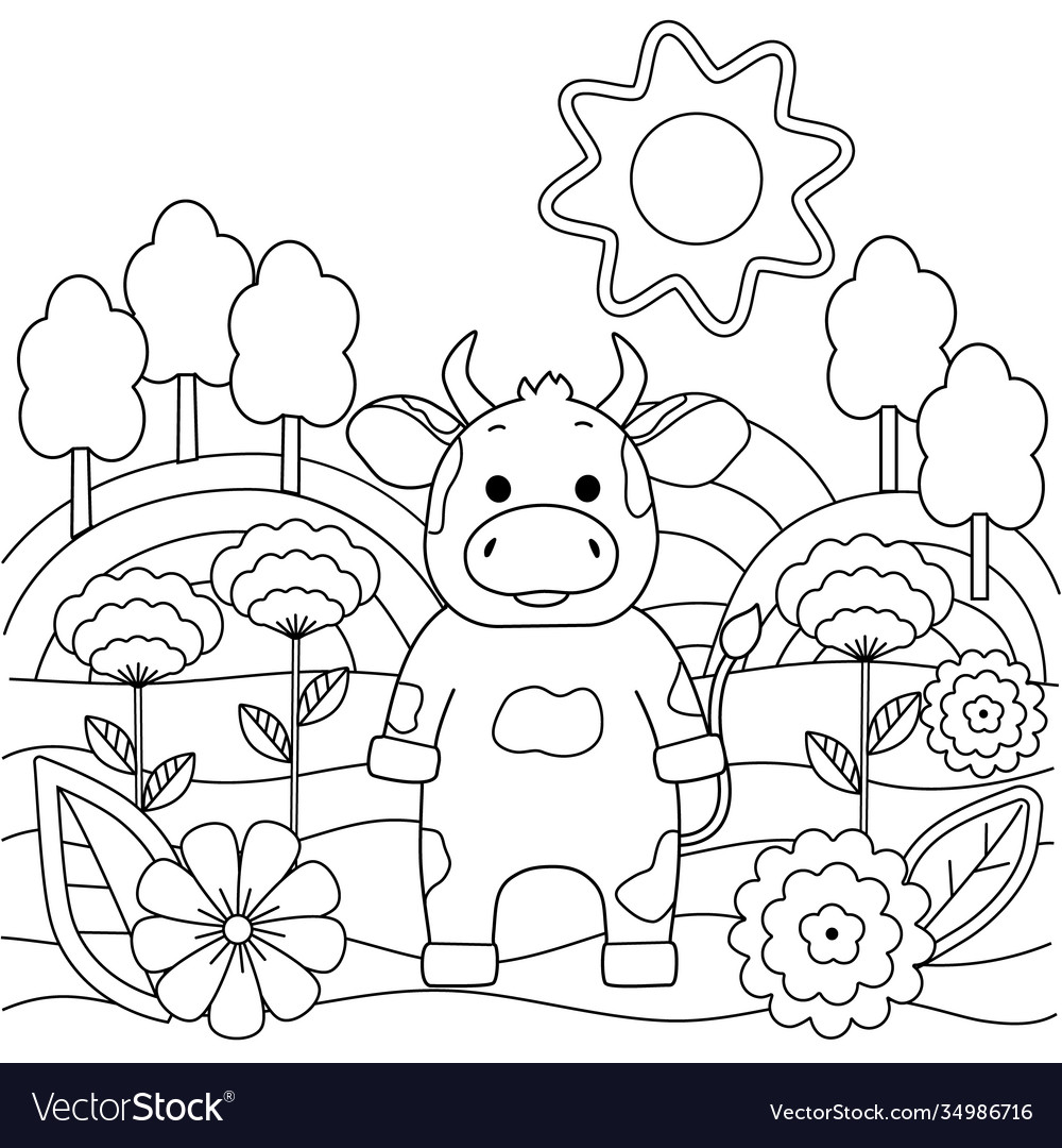 Kids coloring book with bull nature and flowers vector image