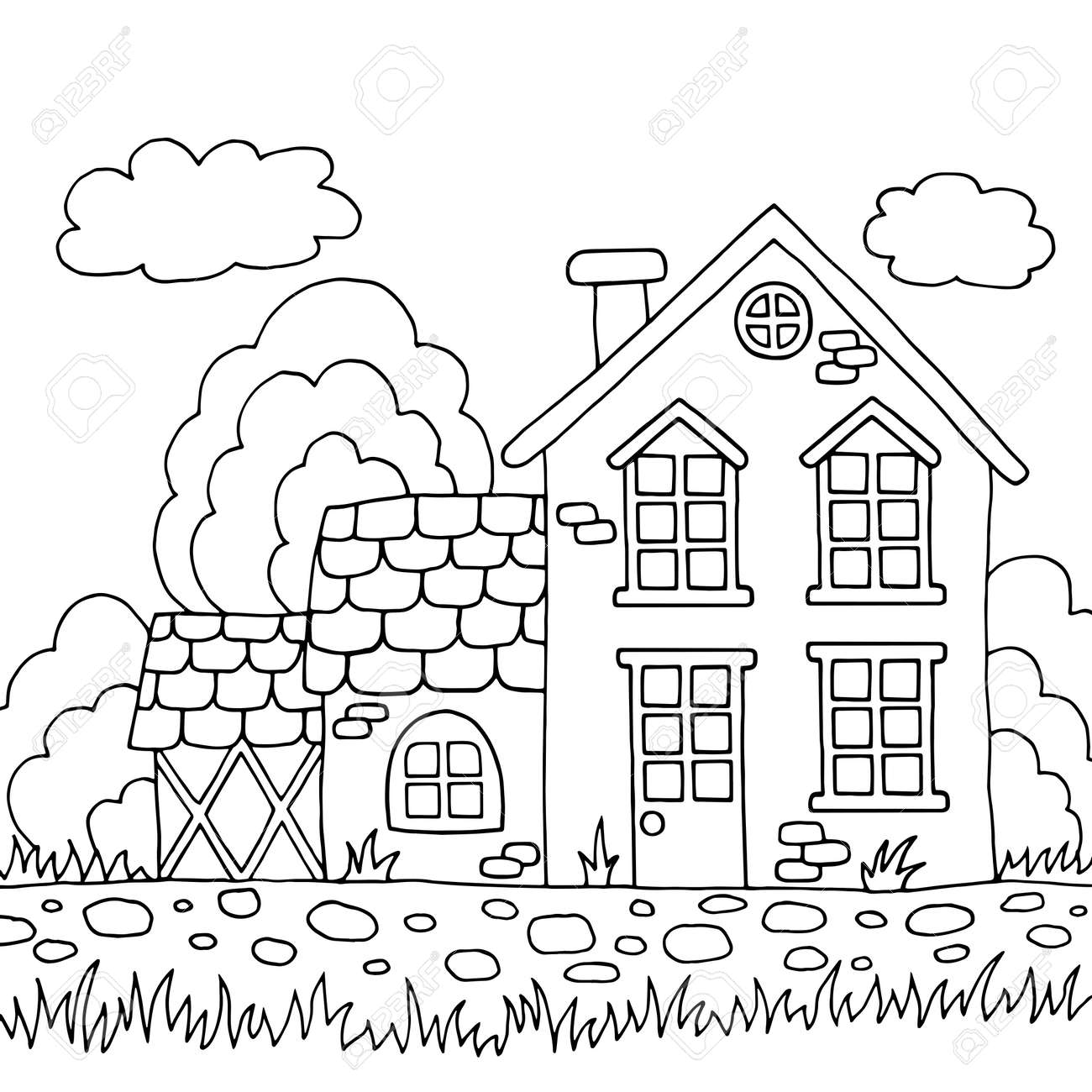 Cute old country house in the summer nature coloring page for children and adults royalty free svg cliparts vectors and stock illustration image