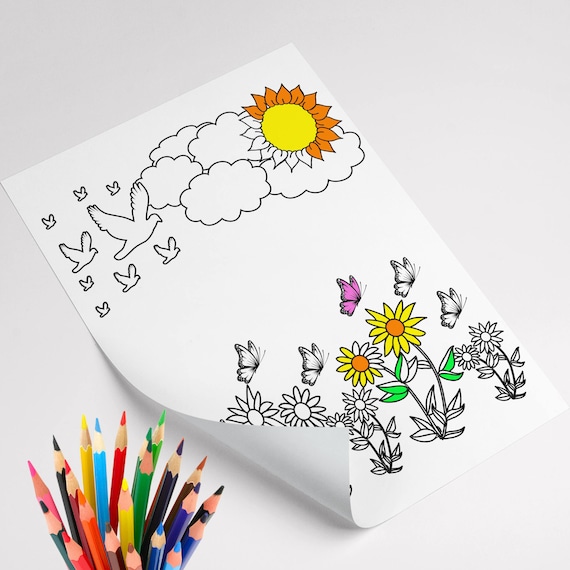 Nature coloring page kid coloring activity sun coloring page birds coloring page kids coloring nature coloring book pages