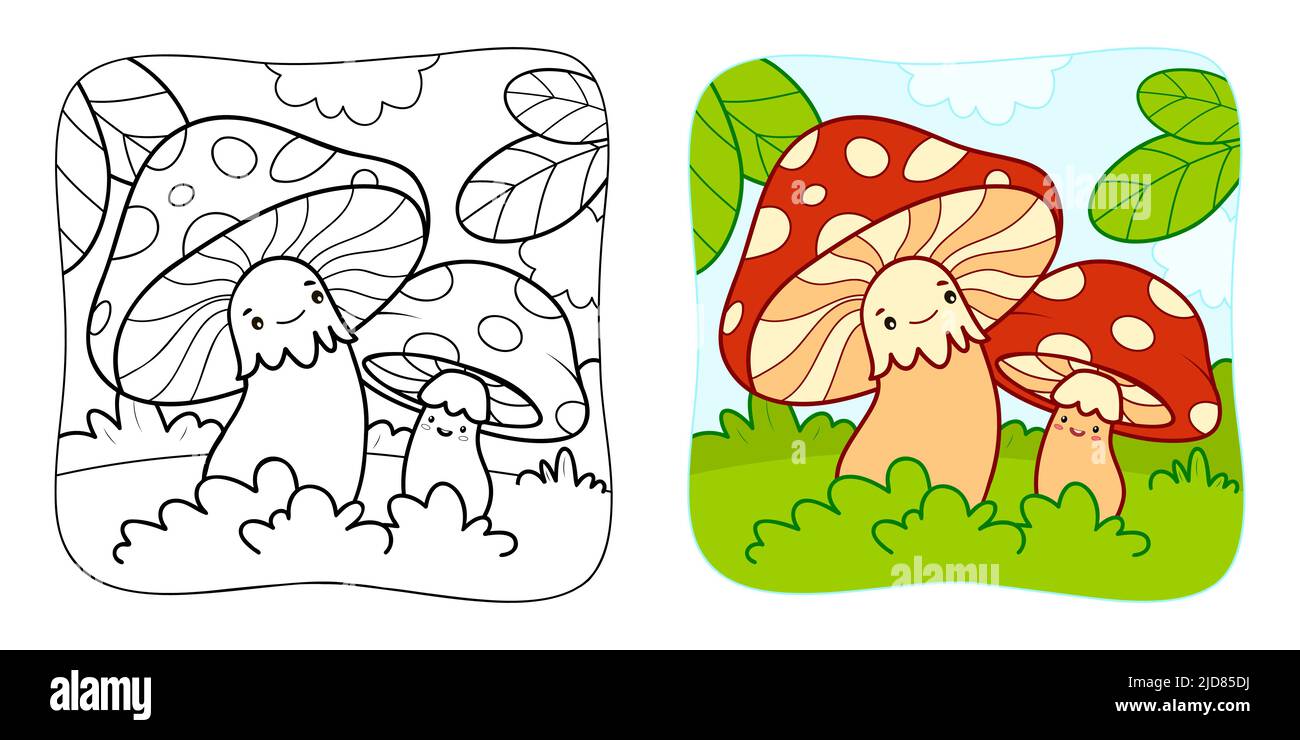 Coloring book or coloring page for kids mushrooms vector illustration clipart nature background stock vector image art