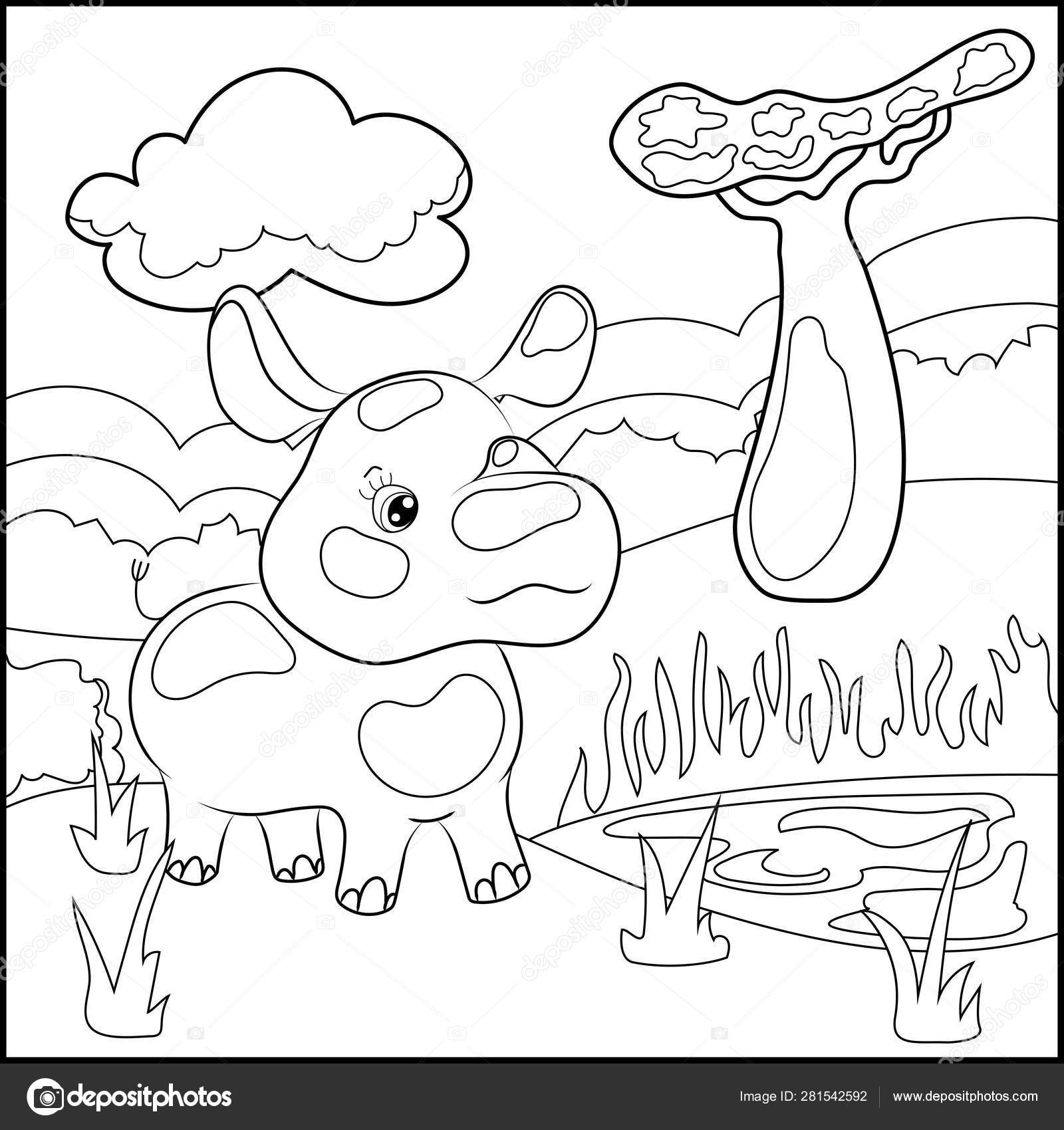 Cute rhinoceros in african landscape children coloring page vector illustration wild nature scene with funny rhino stock vector by davdeka