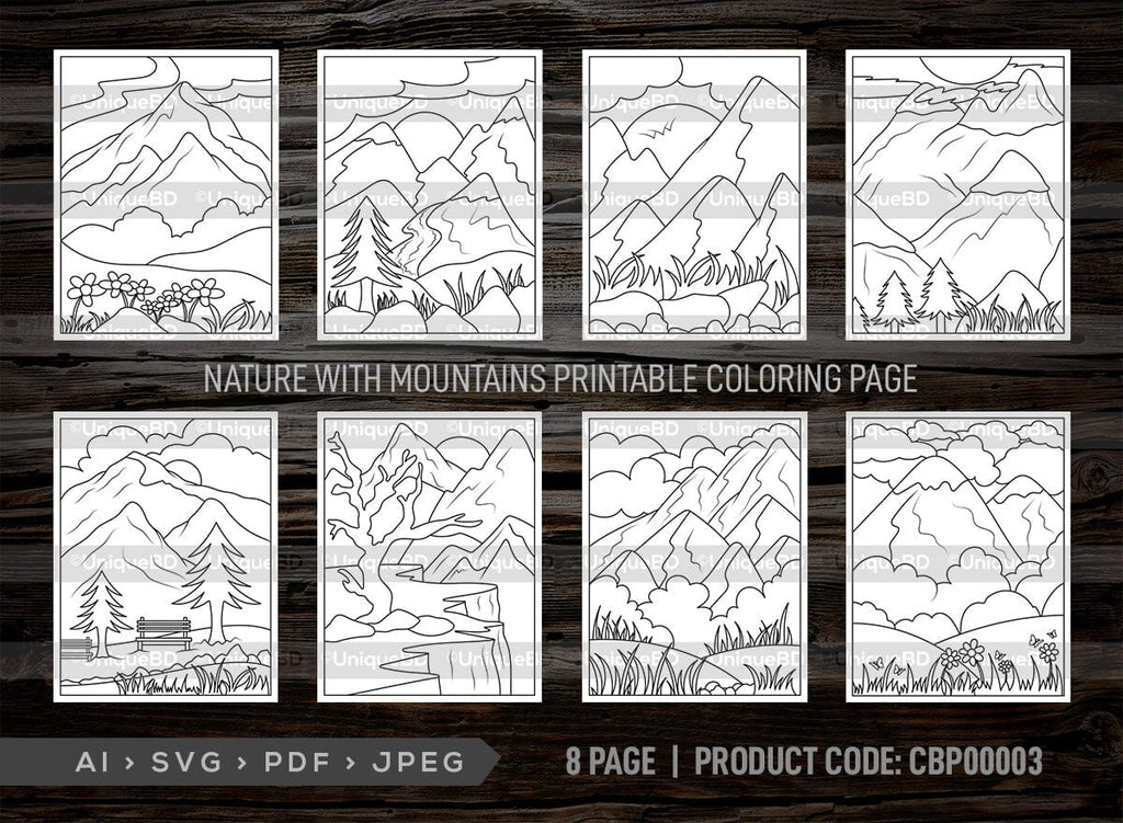 Nature with mountains printable coloring page bundle pdf colouring book instant download cbp