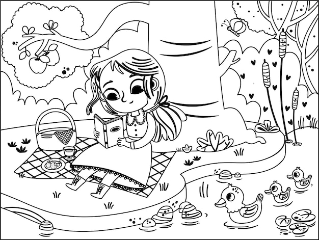 Premium vector black and white illustration of a young girl having picnic in nature and reading a book