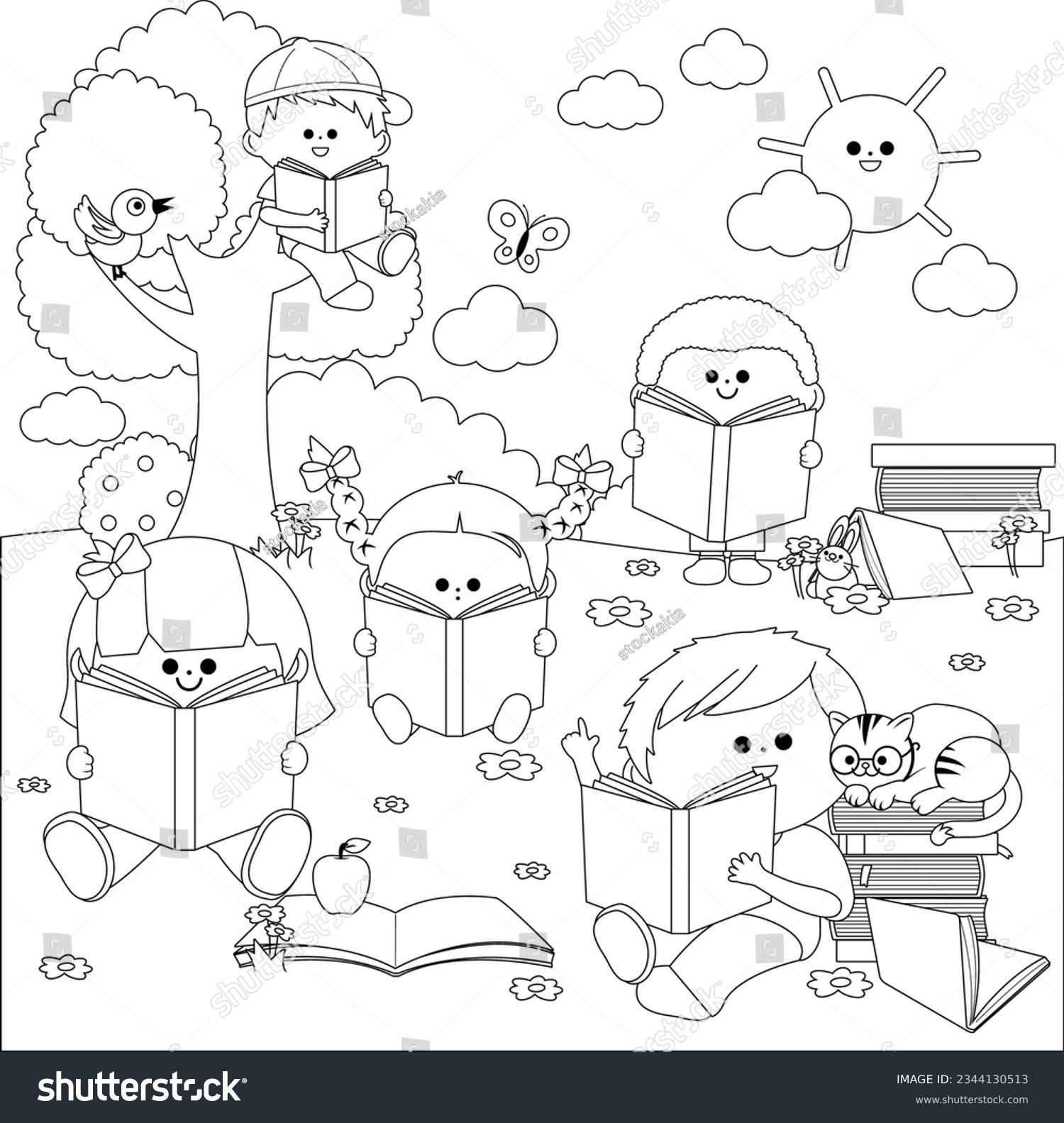 Children reading books park nature vector stock vector royalty free