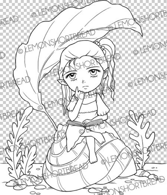 Digital stamp reading book elf fairy digi coloring page fantasy garden thinking of you nature download