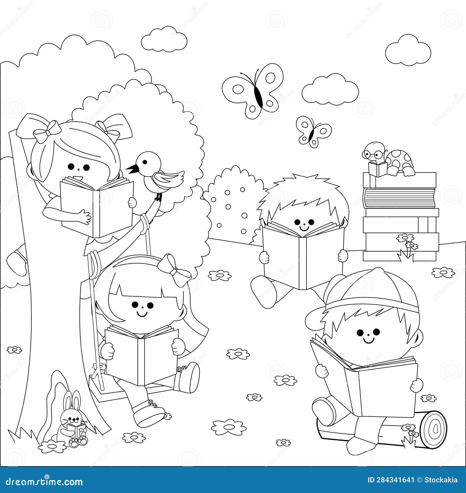 Happy children reading books in nature vector black and white coloring page stock vector