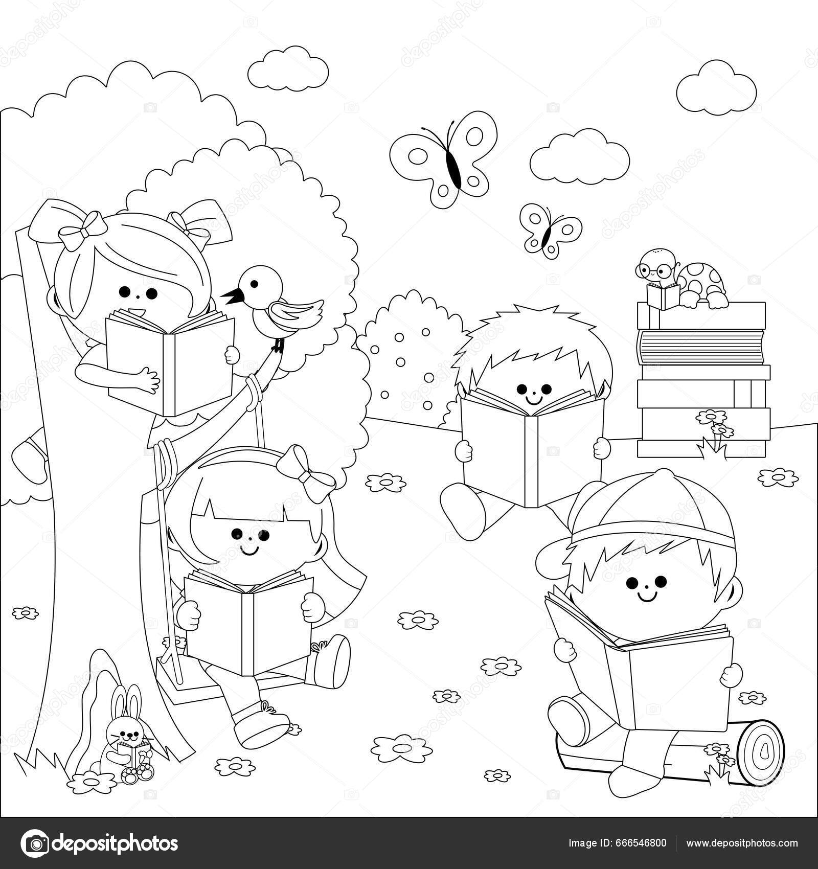 Children reading books park nature vector black white coloring page stock vector by stockakia