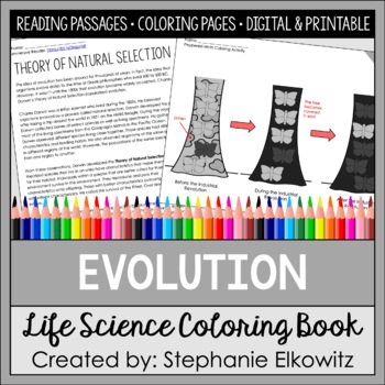 Evolution coloring book and reading passages printable digital