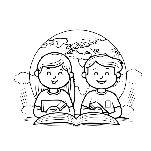 Premium vector coloring page landscape nature scenes with sun clouds or meadow landscape scene many trees flower