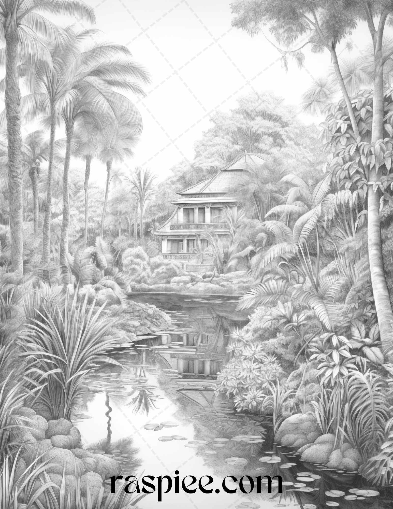 Tropical oasis grayscale coloring pages printable for adults pdf f â coloring