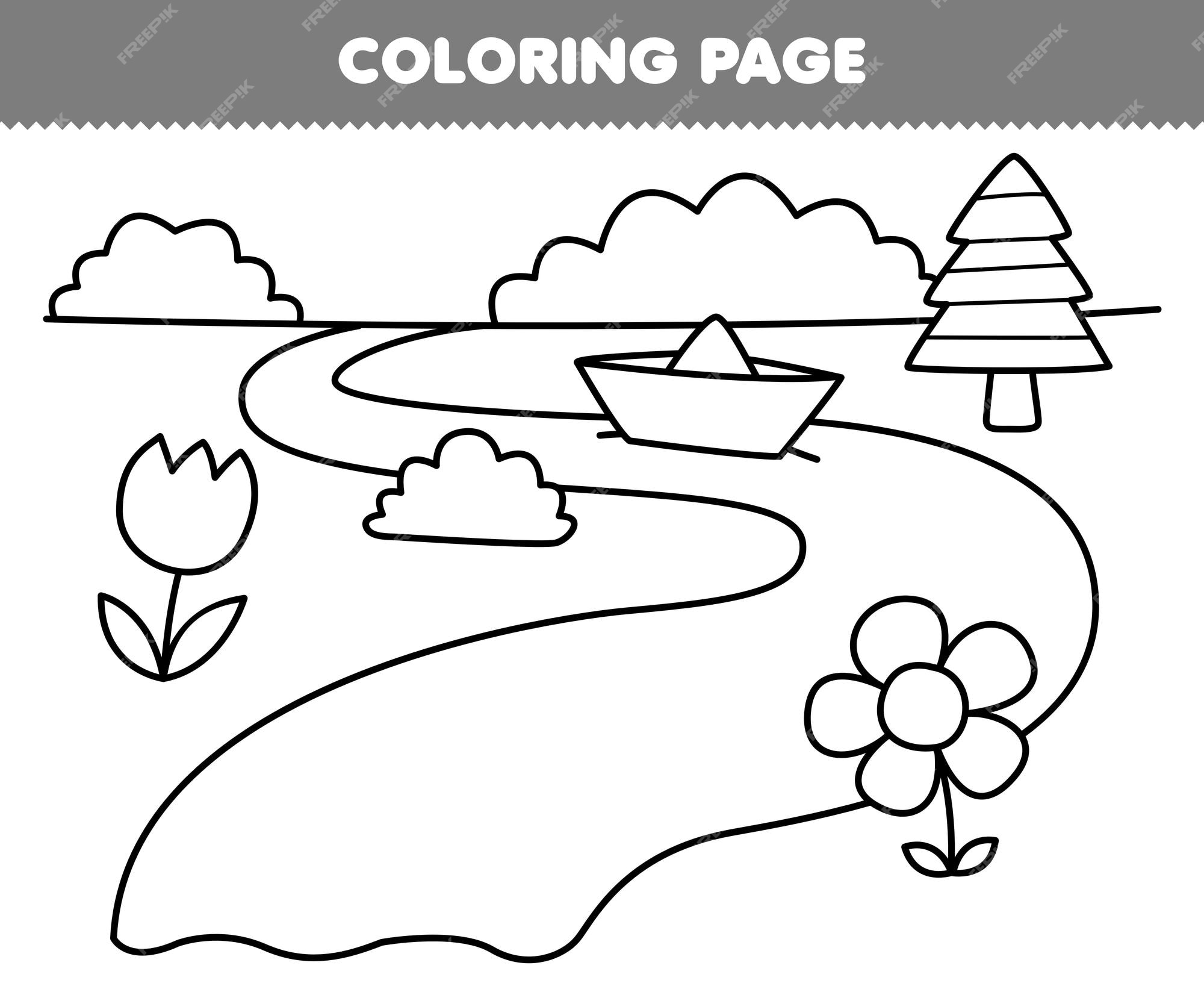 Premium vector education game for children coloring page of cute cartoon riverside scene with flower and tree line art printable nature worksheet