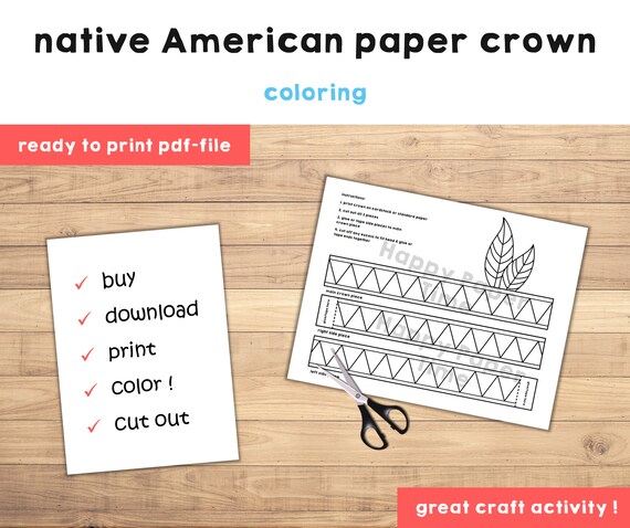 Native american paper headband crown party coloring printable kids craft indian birthday decor printable favor pdf costume instant download