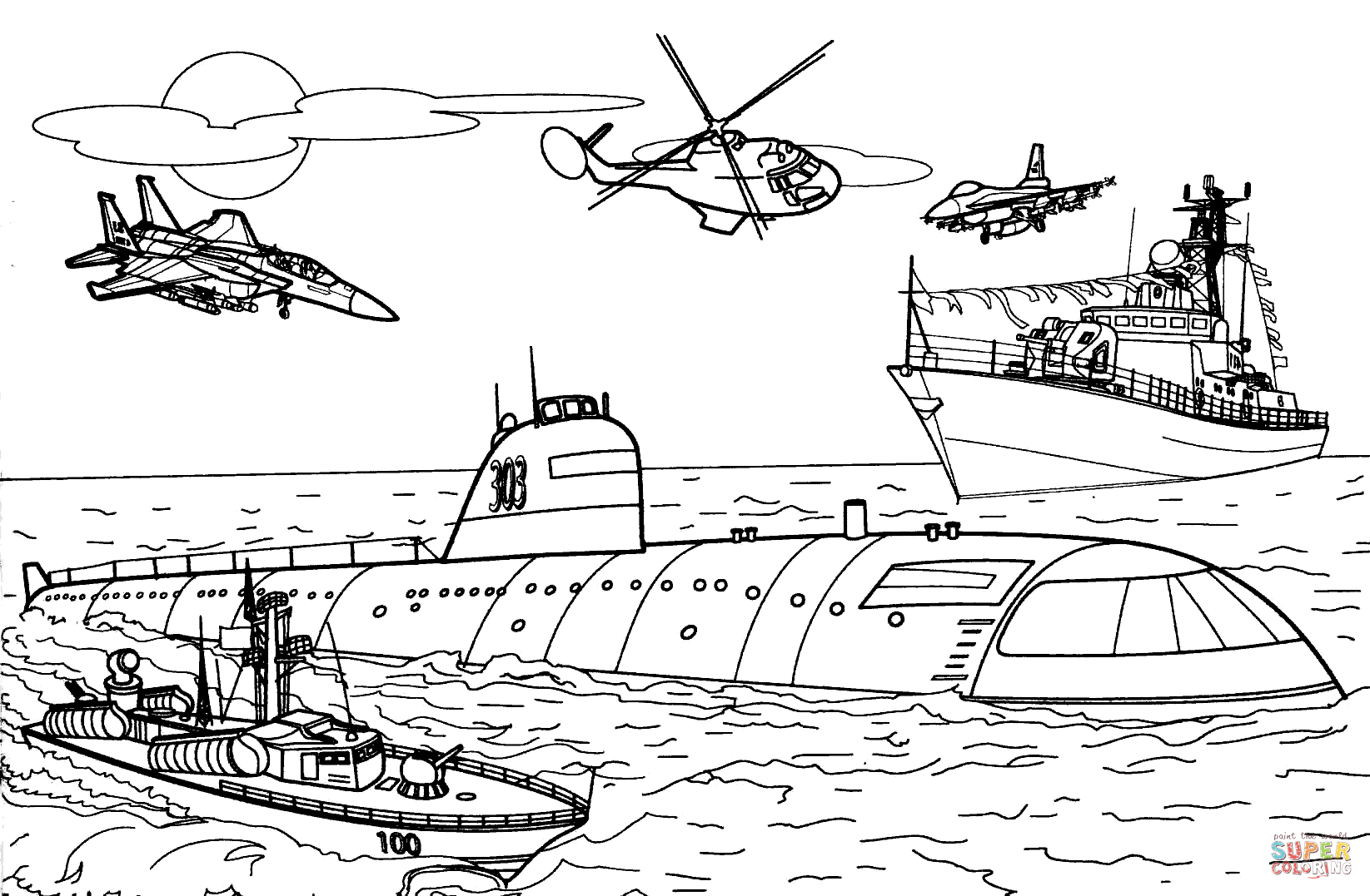 Navy warships sumbarine and aircraft coloring page free printable coloring pages