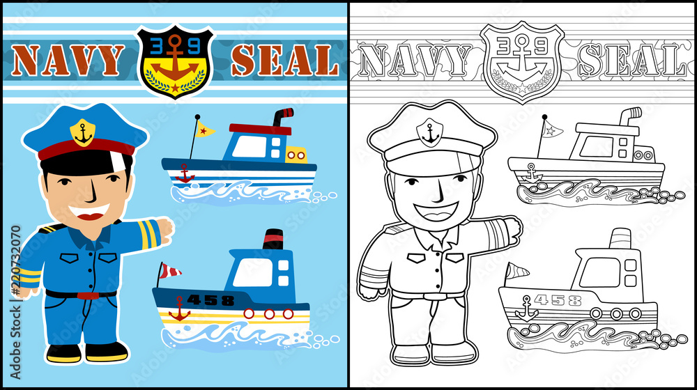 Vector illustration of coloring book or page with navy army cartoon vector