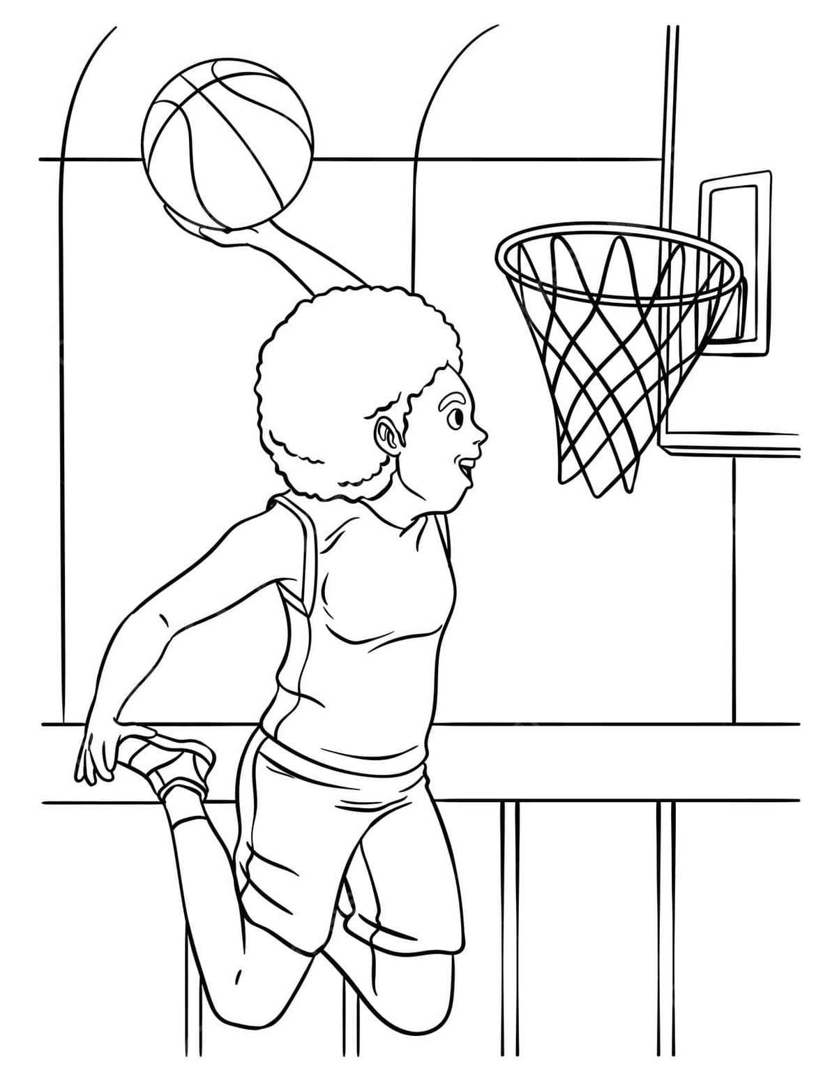 Coloring page for kids featuring a girl performing a slam dunk in basketball vector player happy colour png and vector with transparent background for free download