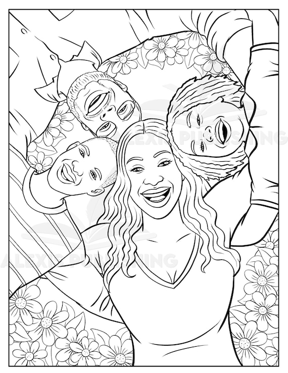 Coloring page illustration of a beautiful black family printable page for stress relieving and relaxation digital download