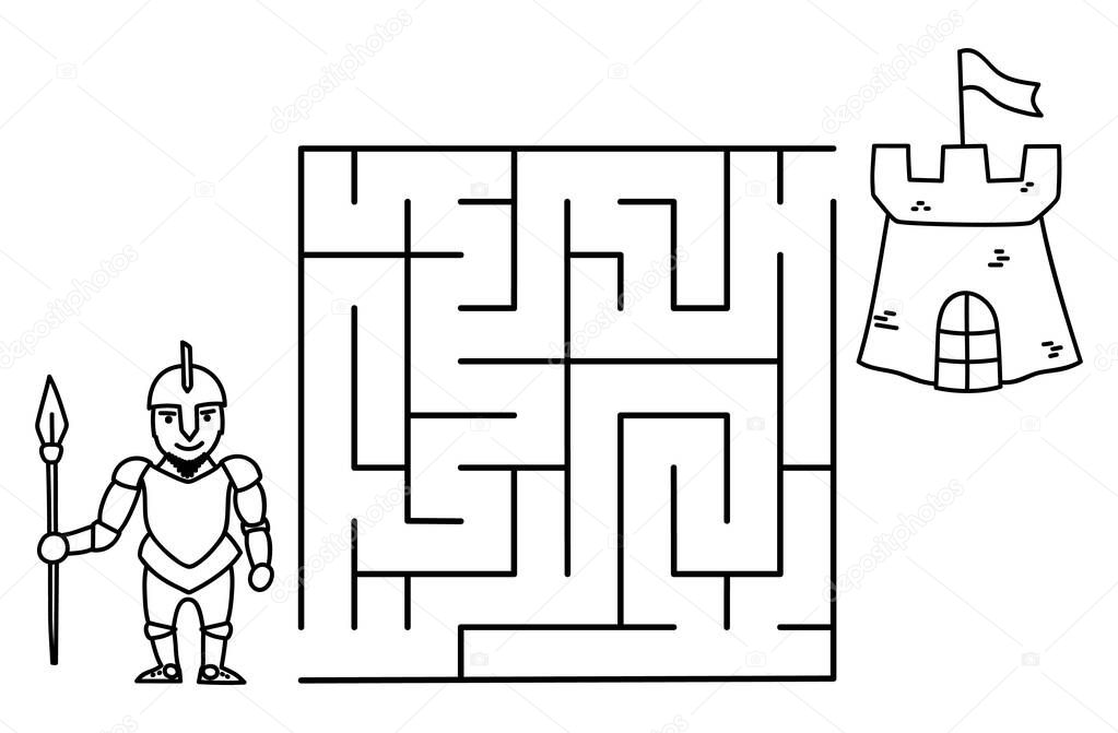 Pãginas negras para colorear con laberinto caballero de dibujos animados y castillo niãos educaciãn juego de arte plantilla de diseão sobre fondo blanco esquema vector vector de stock de domira